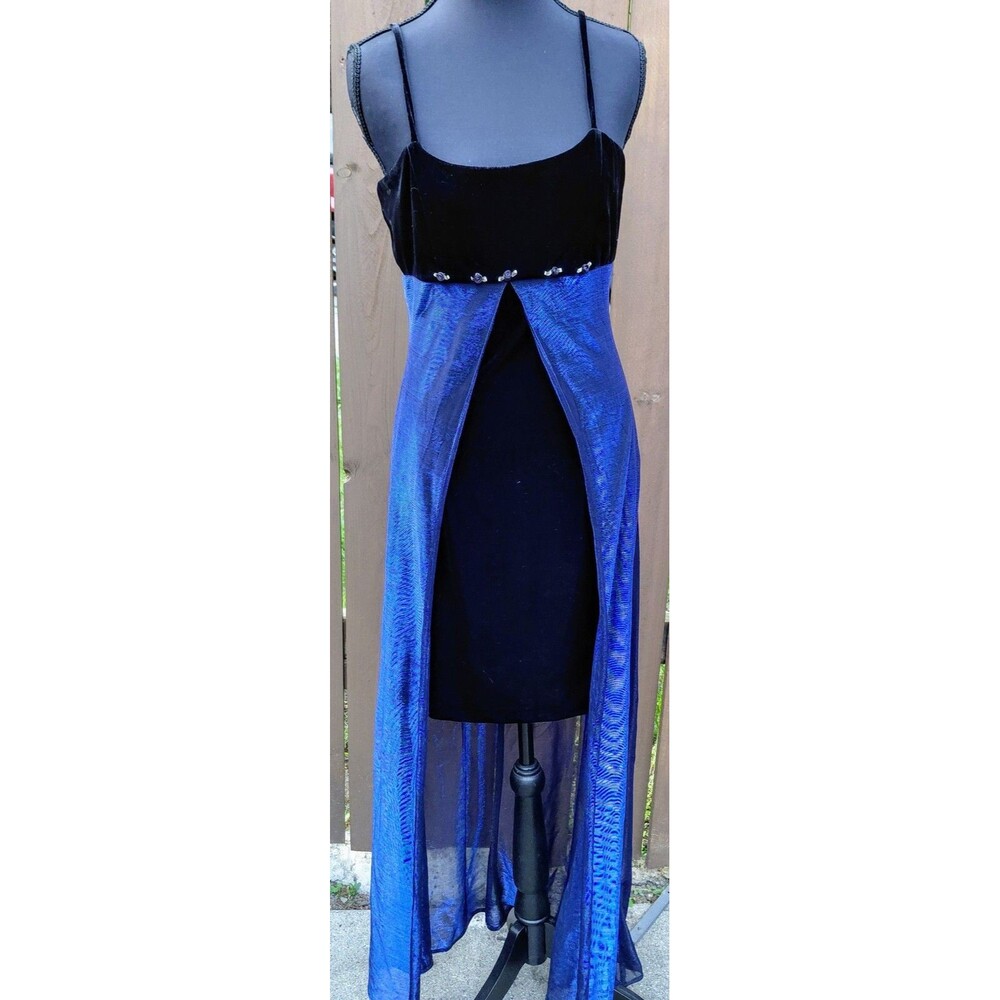 Vintage Jessica Womens Overlay Evening Dress Size 6 Black Blue Velvet & Sheer